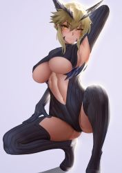 Rule 34 | 1girl, arm behind head, arm up, armpits, artoria pendragon (fate), artoria pendragon (lancer alter) (fate), blonde hair, blush, bodysuit, braid, breasts, center opening, closed mouth, fate/grand order, fate (series), french braid, gloves, grey background, grey bodysuit, grey gloves, grey leotard, grey thighhighs, hair between eyes, heattech leotard, highres, horns, large breasts, legs, leotard, looking at viewer, navel, ribbed gloves, ribbed legwear, ribbed leotard, sidelocks, simple background, solo, squatting, swept bangs, thighhighs, thighs, turtleneck, turtleneck bodysuit, underboob, yamaneko (tkdrumsco), yellow eyes