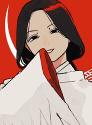 Rule 34 | 1girl, black eyes, black hair, commentary, hacci kari, japanese clothes, kimono, looking afar, original, red background, smile, solo, symbol-only commentary, teeth, white kimono, wide sleeves