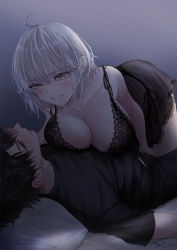 Rule 34 | 1boy, 1girl, ahoge, bed, black hair, blue eyes, blush, breasts, cleavage, fate/grand order, fate (series), fujimaru ritsuka (male), girl on top, hetero, highres, jeanne d&#039;arc alter (fate), large breasts, lingerie, omizu (omz), pillow, short hair, smile, underwear, white hair, yellow eyes
