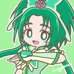 Rule 34 | 1girl, akimoto komachi, blush, brooch, butterfly hair ornament, cure mint, eyelashes, forehead, gloves, green background, green eyes, green hair, hair ornament, highres, jewelry, long hair, looking at viewer, magical girl, mayena, open mouth, outline, precure, signature, simple background, smile, twintails, upper body, white outline, yes! precure 5