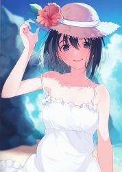 Rule 34 | 1girl, absurdres, arm up, armpits, bare arms, bare shoulders, beach, black hair, blue eyes, blue sky, blurry, blurry background, blush, breasts, cleavage, cloud, collarbone, day, dress, fingernails, flower, hair between eyes, hand up, hat, hat flower, hibiscus, highres, looking at viewer, medium breasts, off shoulder, open mouth, original, outdoors, sand, scan, shore, short hair, sky, sleeveless, sleeveless dress, smile, solo, strap slip, straw hat, summer, sundress, sweat, sweatdrop, tareme, u35, upper body, water, white dress