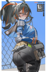 1girl absurdres ass ass_focus black_gloves black_hair blue_jacket breasts from_behind gloves hair_between_eyes highres jacket large_breasts long_hair looking_at_viewer looking_back multicolored_hair orange_eyes pants police police_uniform policewoman ponytail red_hair solo streaked_hair thighs xiaojuan_(user_ezvt7287) zenless_zone_zero zhu_yuan