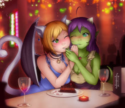 Rule 34 | 2girls, ahoge, alcohol, animal ears, animeflux, aqua eyes, bat wings, bell, blonde hair, borrowed character, breast press, breasts, bunny and fox world, cake, candle, cat ears, cat tail, cheek-to-cheek, chocolate cake, choker, cleavage, collar, collarbone, colored skin, crossover, cup, dating, dragon girl, dragon wings, dress, drinking glass, earrings, feeding, food, green eyes, green skin, heads together, heart, heart necklace, highres, jewelry, large breasts, multiple girls, nalica (animeflux), neck bell, necklace, one eye closed, original, plate, pointy ears, purple hair, sapphicneko (sapphicneko), scar, shared food, signature, spaghetti strap, table, tail, wine, wine glass, wings, wink, yuri