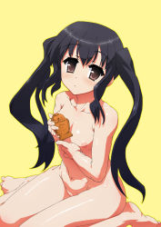 Rule 34 | 1girl, completely nude, female focus, food, k-on!, nakano azusa, nipples, nude, simple background, solo, taiyaki, tololi, twintails, wagashi