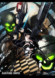 Rule 34 | 10s, 2girls, absurdres, arm cannon, bad id, bad pixiv id, bikini, bikini top only, black hair, black rock shooter, black rock shooter (character), blue eyes, boots, chain, coat, dead master, glowing, glowing eyes, green eyes, highres, horns, karei (hirameme), long hair, midriff, multiple girls, scar, scythe, shorts, skull, smile, swimsuit, twintails, uro (colossus), very long hair, weapon