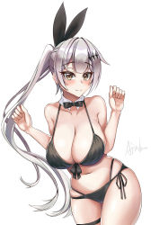 Rule 34 | 1girl, airbo, bikini, black bikini, breasts, brown eyes, cleavage, five-seven (cruise queen) (girls&#039; frontline), five-seven (girls&#039; frontline), girls&#039; frontline, highres, large breasts, long hair, navel, official alternate costume, ponytail, silver hair, simple background, skindentation, solo, swimsuit, very long hair, white background