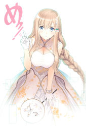 Rule 34 | 1girl, absurdres, animal print, bao-chai (tony taka), bare shoulders, blonde hair, blue eyes, blush, braid, breasts, butterfly print, cleavage, closed mouth, dress, floral print, frills, gloves, hair ornament, hand fan, hand up, highres, index finger raised, large breasts, leaning forward, long hair, original, scan, simple background, single braid, sleeveless, solo, tony taka, white gloves