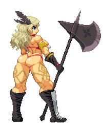 Rule 34 | 1girl, amazon (dragon&#039;s crown), armlet, ass, axe, bad id, bad pixiv id, bikini, blonde hair, boots, breasts, dragon&#039;s crown, feathers, full body, gloves, halberd, large breasts, lowres, muscular, panties, pixel art, polearm, solo, swimsuit, tattoo, thick thighs, thighs, thong, thong bikini, transparent background, underwear, weapon, yumurama