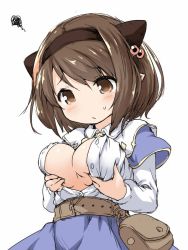 Rule 34 | 1girl, animated, animated gif, belt, blinking, breast conscious, breast hold, breasts squeezed together, breasts, brown eyes, brown hair, covered erect nipples, granblue fantasy, hairband, large breasts, looking at breasts, natsu no koucha, oppai loli, pout, solo, sweatdrop, tagme, ugoira, unbuttoned, unbuttoned shirt, yaia (granblue fantasy)