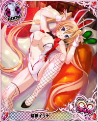 Rule 34 | 1girl, animal ears, artist request, blonde hair, bow, bowtie, breasts, rabbit ears, card (medium), character name, chess piece, covered erect nipples, fake animal ears, high school dxd, high school dxd infinity, large breasts, official art, playboy bunny, purple eyes, rook (chess), shidou irina, stuffed carrot, torn clothes, trading card, twintails, wrist cuffs, zipper