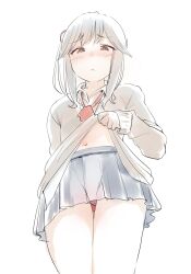 Rule 34 | 1girl, blue skirt, blush, brown eyes, clothes lift, collared shirt, commentary request, from below, gluteal fold, grey hair, hair ribbon, highres, kantai collection, lifted by self, long hair, long sleeves, looking at viewer, miniskirt, navel, panties, pantyshot, pleated skirt, ponytail, red ribbon, ribbon, sakieko, school uniform, shirt, simple background, skirt, solo, underwear, usugumo (kancolle), white background, white shirt