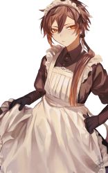 Rule 34 | 1boy, alternate costume, apron, black dress, black gloves, brown hair, commentary request, crossdressing, dress, earrings, enmaided, genshin impact, gloves, hair between eyes, hair over one eye, highres, jewelry, long hair, long sleeves, maid, maid headdress, male focus, multicolored hair, orange eyes, parted lips, ponytail, signature, simple background, single earring, solo, tassel, tassel earrings, white apron, white background, zaso, zhongli (genshin impact)