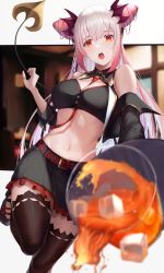 Rule 34 | 1girl, nanashi inc., absurdres, bandeau, bare shoulders, belt, between breasts, black bandeau, black skirt, black sleeves, black thighhighs, black vest, breasts, cleavage, collared vest, commentary request, cone hair bun, cowboy shot, cup, demon girl, demon tail, detached sleeves, drink, eyebrows hidden by hair, frilled skirt, frills, groin, hair between eyes, hair bun, highres, holding, holding tray, honey strap, huge filesize, ice, ice cube, large breasts, long hair, looking at viewer, midriff, mugi maccha, multicolored hair, navel, necktie, necktie between breasts, open clothes, open mouth, open vest, pink hair, pointy ears, red belt, red eyes, red necktie, sidelocks, silver hair, skirt, solo, spill, standing, standing on one leg, suou patra, tail, teeth, thighhighs, tray, upper teeth only, vest, virtual youtuber, zettai ryouiki