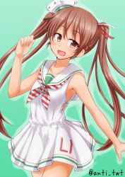 Rule 34 | 10s, 1girl, :d, anti (untea9), blush, brown eyes, brown hair, commentary request, dark-skinned female, dark skin, dress, fang, green background, hair ribbon, highres, kantai collection, libeccio (kancolle), looking at viewer, open mouth, ribbon, sailor dress, simple background, smile, solo, striped ribbon, tan, twintails, twitter username