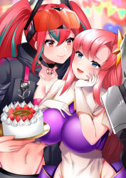 Rule 34 | 2girls, :d, absurdres, azur lane, belt, bikini, birthday, birthday cake, black choker, black shorts, blue eyes, blush, breast suppress, breasts, bremerton (azur lane), buckle, cake, choker, cleavage, closed mouth, collarbone, commentary, commission, covered navel, cowboy shot, crop top, crop top overhang, crossed bangs, denim, eye contact, eyewear on head, food, gloves, grey belt, grey hair, groin, gundam, gundam seed, gundam seed destiny, hair between eyes, hair intakes, hair ornament, hand on own cheek, hand on own face, happy birthday, highleg, highleg bikini, highleg leotard, highres, holding, holding plate, impossible clothes, impossible leotard, jacket, jeans, large breasts, leotard, lifebuoy ornament, long hair, looking at another, meer campbell, midriff, multicolored hair, multiple girls, navel, navel piercing, no mole, open clothes, open jacket, open mouth, pants, piercing, pink bikini, pink eyes, pink hair, plate, purple leotard, red-tinted eyewear, rigging, shirt, shorts, sidelocks, skeb commission, smile, snap-fit buckle, standing, star (symbol), star hair ornament, streaked hair, swimsuit, tinted eyewear, twintails, two-tone hair, two-tone shirt, uzura (moimoi), white gloves, white leotard