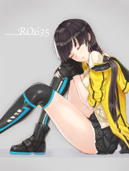 Rule 34 | 1girl, ankle boots, ass, black gloves, black hair, black skirt, boots, cardigan, character name, closed eyes, fingerless gloves, girls&#039; frontline, gloves, grey background, hands on knee, head on knee, hood, hooded jacket, jacket, long hair, multicolored hair, off shoulder, olin (nienxddd), open mouth, pleated skirt, ro635 (girls&#039; frontline), shirt, simple background, sitting, skirt, sleeping, sleeping upright, solo, streaked hair, thighhighs, thighs, twintails, white hair