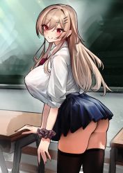 Rule 34 | 1girl, absurdres, alternate breast size, ass, black thighhighs, breasts, brown hair, chalkboard, classroom, collar, collared shirt, desk, eyes visible through hair, furen e lustario, grin, hair ornament, hairpin, highres, indoors, large breasts, legs together, long hair, looking at viewer, miniskirt, nijisanji, red eyes, school uniform, scrunchie, shirt, shirt tucked in, skirt, smile, solo, thick thighs, thighhighs, thighs, turning head, urokong, virtual youtuber, wrist scrunchie