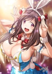 Rule 34 | 1girl, animal ears, arm cuffs, armpit peek, armpits, arms up, artist name, bare shoulders, blue skirt, blush, bow, bowcan, breasts, brown eyes, brown hair, cleavage, crop top, dated, detached collar, fake animal ears, hair bow, hands up, huge breasts, idol, idolmaster, idolmaster shiny colors, long hair, looking at viewer, open mouth, rabbit ears, rabbit pose, rabbit tail, red bow, skindentation, skirt, smile, solo, sparkle, stage, stage lights, swept bangs, tail, teeth, tsukioka kogane, upper body, wrist cuffs