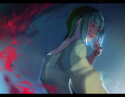 Rule 34 | 1girl, black nails, blood, blood on face, commentary request, gradient background, green background, green eyes, grey shirt, hand up, highres, kyuuba melo, letterboxed, long sleeves, mutsuki tooru, nail polish, open mouth, red background, red eyes, shirt, short hair, solo, tokyo ghoul, tokyo ghoul:re, translation request, upper body