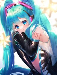 Rule 34 | 1girl, aqua hair, bare shoulders, black footwear, black skirt, blue eyes, blurry, boots, breasts, closed mouth, depth of field, detached sleeves, eyelashes, feet out of frame, from side, hair ornament, hair over shoulder, hand up, hatsune miku, headphones, long hair, miniskirt, number tattoo, pleated skirt, shirt, shoulder tattoo, sideboob, simple background, skirt, smile, solo, squatting, star (symbol), ste sou25, tattoo, thigh boots, twintails, untucked shirt, very long hair, vocaloid, white background, white shirt