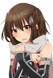 Rule 34 | 1girl, blush, brown eyes, brown hair, detached sleeves, hair between eyes, hair ornament, kantai collection, looking at viewer, open mouth, parted lips, rinto (rint rnt), scarf, sendai (kancolle), sendai kai ni (kancolle), short hair, simple background, solo, upper body, vest, wavy mouth, white background, white scarf