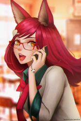 Rule 34 | 1girl, :d, academy ahri, ahri (league of legends), animal ears, artist name, blazer, blurry, blurry background, bow, bowtie, brown eyes, calling, cellphone, collared shirt, eyelashes, facebook username, facepaint, fox ears, glasses, green shirt, hair ornament, hairclip, heart, heart hair ornament, highres, jacket, kitsune, league of legends, long hair, long sleeves, looking at viewer, nail polish, necktie, open mouth, phone, pink nails, red-framed eyewear, red bow, red bowtie, red hair, red necktie, sanilea, school uniform, shirt, smile, solo, talking on phone, teeth, upper body, watermark, web address