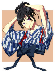 Rule 34 | 1girl, adjusting hair, armpits, black hair, japanese clothes, kimono, mouth hold, nanakura nanane, purple eyes, solo, tasuki, yagasuri