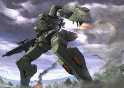 Rule 34 | bullet hole, cloud, cloudy sky, copyright request, day, explosion, glowing, glowing eyes, gun, holding, holding gun, holding weapon, itou (onsoku tassha), jet engine, mecha, no humans, outdoors, robot, shield, sky, smoke, solo, standing, weapon