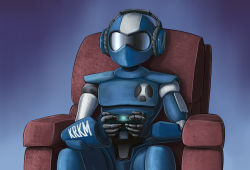 Rule 34 | 1boy, armor, blue armor, blue background, chair, commentary, commission, controller, easy chair, english commentary, game controller, gradient background, headphones, holding, holding controller, holding game controller, humanoid robot, looking ahead, male focus, playing games, robot, sitting, solo, substance20, toonami, toonami operations module, visor