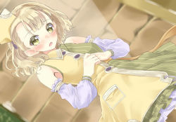 Rule 34 | 1girl, atelier (series), atelier escha &amp; logy, bad id, bad pixiv id, blush stickers, buttons, commentary request, detached sleeves, dress, dutch angle, frills, indoors, looking at viewer, lucille ernella, miyama leaves, open mouth, own hands together, pocket, short hair, solo, tareme, wavy hair