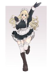 Rule 34 | 1girl, alternate costume, apron, arm up, atago (kancolle), black footwear, black gloves, blonde hair, blush, boots, border, breasts, clenched hand, commentary request, dress, enmaided, frilled dress, frills, full body, garter straps, gloves, gradient background, grey eyes, highres, juliet sleeves, kantai collection, knee boots, large breasts, long hair, long sleeves, looking at viewer, maid, maid apron, mochizou, open mouth, puffy sleeves, simple background, smile, solo, teeth, thighhighs, upper teeth only, white border, white thighhighs