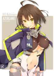 Rule 34 | 1girl, ahoge, armor, azur lane, baltimore (azur lane), black shirt, blue coat, blush, braid, breasts, brown hair, center opening, character name, clothing cutout, coat, commentary request, copyright name, covered erect nipples, cowboy shot, eyebrows hidden by hair, faulds, french braid, gloves, grey background, hair between eyes, hand on own hip, highres, hood, hood down, hooded coat, large breasts, leotard, long sleeves, looking at viewer, multicolored coat, navel, navel cutout, open clothes, open coat, pelvic curtain, saekiya sabou, shirt, short hair, side slit, sidelocks, simple background, smile, solo, standing, twitter username, underboob, underboob cutout, white gloves, white leotard, yellow eyes