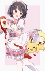 Rule 34 | 1girl, 1other, :o, absurdres, apron, black hair, blurry, blush, border, bow, bowtie, brown eyes, creatures (company), crossover, dot nose, dress, flat chest, frilled apron, frilled dress, frills, game freak, gen 1 pokemon, grid background, hair bow, hands up, highres, holding, idolmaster, idolmaster million live!, idolmaster million live! theater days, ketchup, looking at another, mini39mame, nakatani iku, nintendo, one side up, open mouth, outside border, pigeon-toed, pikachu, pink background, pink bow, pink bowtie, pink dress, pokemon, pretty waitress (idolmaster), puffy short sleeves, puffy sleeves, short hair, short sleeves, simple background, thighhighs, tomato, two-tone background, waist apron, white apron, white background, white border, white headdress, white thighhighs, white wrist cuffs, wrist cuffs, zettai ryouiki