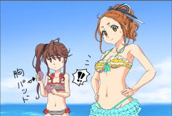 Rule 34 | !, !!, 22/7, 2girls, bikini, blue sky, bow, breast padding, brown eyes, brown hair, bxtbsy7q76gxh73, closed mouth, collarbone, frilled bikini, frills, hair bow, hair ornament, hair ribbon, hands on own hips, high ponytail, highres, jitome, kono miyako, long hair, looking at viewer, multicolored bikini, multicolored clothes, multiple girls, navel, notice lines, ocean, ribbon, side ponytail, sky, smile, spoken exclamation mark, sweatdrop, swimsuit, toda jun, upper body