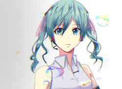 Rule 34 | 1girl, alternate hair length, alternate hairstyle, aqua eyes, aqua hair, bare shoulders, black sleeves, bubble, commentary request, detached sleeves, emu (ototake), expressionless, grey background, grey shirt, hair ornament, hatsune miku, headphones, headset, looking at viewer, medium hair, shirt, shoulder tattoo, sleeveless, sleeveless shirt, solo, tattoo, twintails, upper body, vocaloid