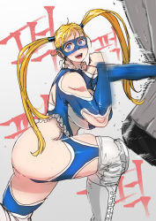 Rule 34 | 1girl, ass, blonde hair, blue eyes, blue leotard, boots, breasts, butcherboy, capcom, clothing cutout, domino mask, elbow cutout, frills, large breasts, leotard, long hair, mask, muscular, muscular female, open mouth, punching, punching bag, rainbow mika, smile, solo, street fighter, street fighter v, sweat, twintails, white footwear, wrestling outfit