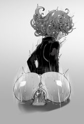 Rule 34 | 1girl, ^^^, anus, ass, ass focus, bad id, bad pixiv id, blush, bottomless, cropped legs, curly hair, disembodied penis, fat mons, from behind, greyscale, highres, huge ass, large penis, looking back, monochrome, motion lines, one-punch man, penis, pussy, sex, shiny skin, short hair, solo focus, sweat, sweatdrop, tatsumaki, the golden smurf, tongue, tongue out, uncensored, vaginal
