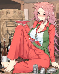 Rule 34 | 10s, 1girl, alcohol, b-ginga, barefoot, beer, blouse, blush, bottle, breasts, cleavage, covered erect nipples, cup, dress shirt, drunk, japanese clothes, jun&#039;you (kancolle), kantai collection, large breasts, long hair, orange eyes, pants, purple hair, red eyes, sakazuki, shirt, sitting, smile, solo, spiked hair, vest