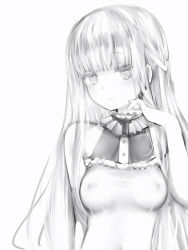Rule 34 | 1girl, bare shoulders, breasts, closed mouth, covered erect nipples, greyscale, hand up, highres, long hair, looking at viewer, marshmallow-chan (nanashi), medium breasts, monochrome, nanashi (nlo), nipples, original, simple background, smile, solo, upper body, white background