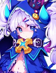 Rule 34 | 1girl, bad id, bad pixiv id, belt, blue eyes, chiliarch (elsword), coat, collar, crown, elsword, eyebrows, hair ornament, hairclip, hood, horns, hwansang, long hair, long sleeves, looking at viewer, luciela r. sourcream, midriff, mini crown, navel, open mouth, solo, star-shaped pupils, star (symbol), symbol-shaped pupils, twintails, upper body, white background, white hair