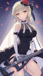Rule 34 | 1girl, absurdres, bare shoulders, black dress, blonde hair, breasts, collarbone, dress, elbow gloves, electric guitar, flower, gloves, goddess of victory: nikke, guitar, hair between eyes, hair flower, hair ornament, highres, holding, holding instrument, instrument, julia (mild nocturne) (nikke), julia (nikke), large breasts, long hair, looking at viewer, medium dress, parted lips, petals, red eyes, seiza, simple background, sitting, sleeveless, sleeveless dress, solo, somnya, spotlight, white gloves