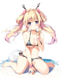 Rule 34 | 1girl, ahoge, arm support, ball, bare arms, bare legs, bare shoulders, barefoot, beachball, bead bracelet, beads, bikini, black bikini, blonde hair, blush, bracelet, breasts, commentary request, fake antlers, flower, full body, hair flower, hair intakes, hair ornament, halterneck, hand up, jewelry, large breasts, long hair, looking at viewer, miyase mahiro, navel, pink flower, pink rose, purple eyes, rose, sennen sensou aigis, shadow, shin fu, simple background, sitting, solo, stomach, swimsuit, thighs, twintails, wariza, white background
