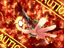 Rule 34 | 1girl, amakan!, arm cannon, bow, brown hair, caution, evil grin, evil smile, fang, female focus, foreshortening, grin, hair bow, highres, long hair, radiation symbol, red eyes, reiuji utsuho, smile, solo, touhou, weapon, wings