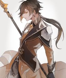 Rule 34 | 1boy, absurdres, black gloves, brown hair, earrings, genshin impact, gloves, gradient background, highres, holding, holding polearm, holding spear, holding weapon, jewelry, kamui (kurohshiro1), light brown hair, long hair, male focus, orange eyes, parted lips, polearm, signature, single earring, solo, spear, weapon, zhongli (genshin impact)