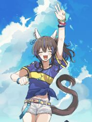 Rule 34 | 1girl, animal ears, arm up, bead necklace, beads, blue shirt, blush, breasts, brown hair, closed eyes, cloud, cutoffs, daitaku helios (umamusume), ear covers, enu (brandnewday02), facing viewer, fang, hair ornament, hairclip, highres, horse ears, horse girl, horse tail, jewelry, long hair, midriff peek, multicolored hair, navel, necklace, open mouth, outdoors, outstretched arm, shirt, short shorts, short sleeves, shorts, side ponytail, small breasts, smile, solo, streaked hair, tail, tied shirt, umamusume, w, white shorts, wristband