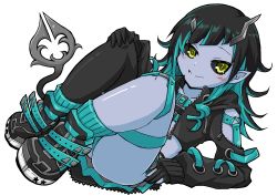 Rule 34 | 1girl, nanashi inc., absurdres, alternate eye color, alternate skin color, belt, black footwear, black gloves, black hair, black jacket, black sclera, black skirt, black thighhighs, blue belt, blue hair, blue panties, blue skin, blue socks, blush, chest belt, closed mouth, clothing cutout, colored sclera, colored skin, commentary request, commission, cropped jacket, cross-laced clothes, cross-laced sleeves, demon girl, demon horns, demon tail, fang, fang out, flat chest, full body, garter straps, gloves, green eyes, grey skirt, hand on own knee, highres, horns, jacket, layered skirt, long hair, long sleeves, looking at viewer, multicolored hair, norio minami, panties, partially fingerless gloves, pointy ears, shishio chris, shoes, shoulder cutout, simple background, single thighhigh, skeb commission, skirt, smile, sneakers, socks, solo, sugar lyric, tail, thighhighs, transparent background, two-tone hair, underwear, virtual youtuber, zipper skirt