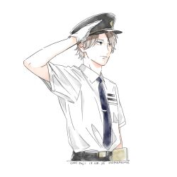 Rule 34 | 1boy, absurdres, artist name, belt, black belt, black pants, blue necktie, brown hair, closed mouth, collared shirt, commentary request, cool doji danshi, dated, gloves, hat, highres, holding, male focus, mima takayuki, nata kokone, necktie, pants, police hat, salute, shirt, short hair, short sleeves, simple background, solo, tie clip, upper body, white background, white gloves, white shirt