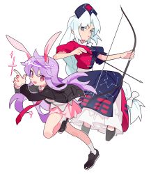 Rule 34 | 2girls, :d, aibivy, animal ears, arrow (projectile), black footwear, black jacket, blazer, blue dress, bow, bow (weapon), constellation print, dress, finger gun, full body, grey eyes, hat, highres, holding, holding arrow, holding bow (weapon), holding weapon, jacket, long hair, long sleeves, looking at viewer, multiple girls, necktie, nurse cap, open clothes, open jacket, open mouth, own hands together, pink skirt, puffy short sleeves, puffy sleeves, purple hair, rabbit ears, rabbit girl, red dress, red eyes, red necktie, reisen udongein inaba, shoes, short sleeves, simple background, skirt, smile, socks, sparkle, touhou, two-tone dress, very long hair, weapon, white background, white bow, white hair, white headwear, white socks, yagokoro eirin