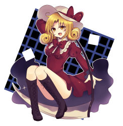 Rule 34 | 1girl, absurdres, blonde hair, boots, bow, bowtie, breasts, brown footwear, convenient leg, cross-laced footwear, curly hair, dress, elly (touhou), full body, hat, highres, holding, holding scythe, juliet sleeves, knee boots, knees together feet apart, long sleeves, looking at viewer, medium breasts, open mouth, puffy sleeves, red bow, red bowtie, red dress, scythe, subaru (subachoco), sun hat, touhou, touhou (pc-98), white headwear, wide sleeves, yellow eyes