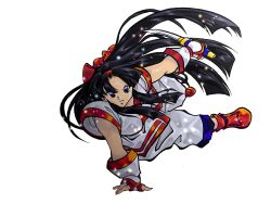 Rule 34 | 1girl, ainu clothes, arm support, black hair, blue eyes, breasts, fingerless gloves, gloves, glowing, hair ribbon, highres, legs, long hair, looking at viewer, nakoruru, pants, parted lips, ribbon, samurai spirits, serious, small breasts, smile, snk, solo, the king of fighters, thighs, weapon